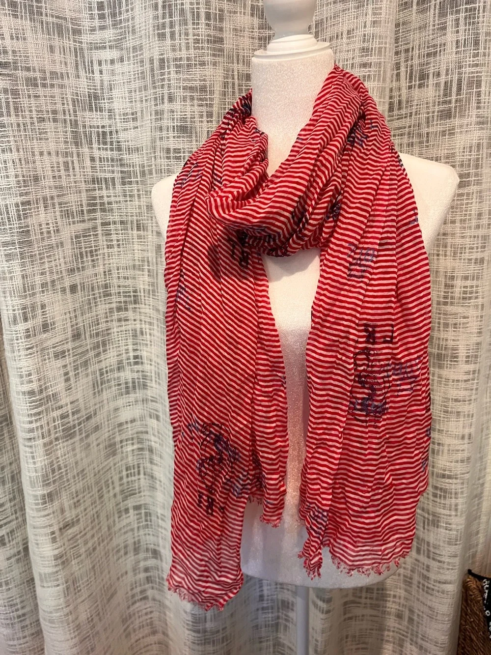 Lauren Ralph Lauren Scarf Wrap Cover Up White Red Stripes Nautical Americana