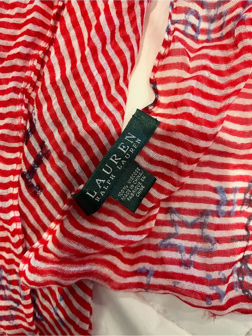 Lauren Ralph Lauren Scarf Wrap Cover Up White Red Stripes Nautical Americana