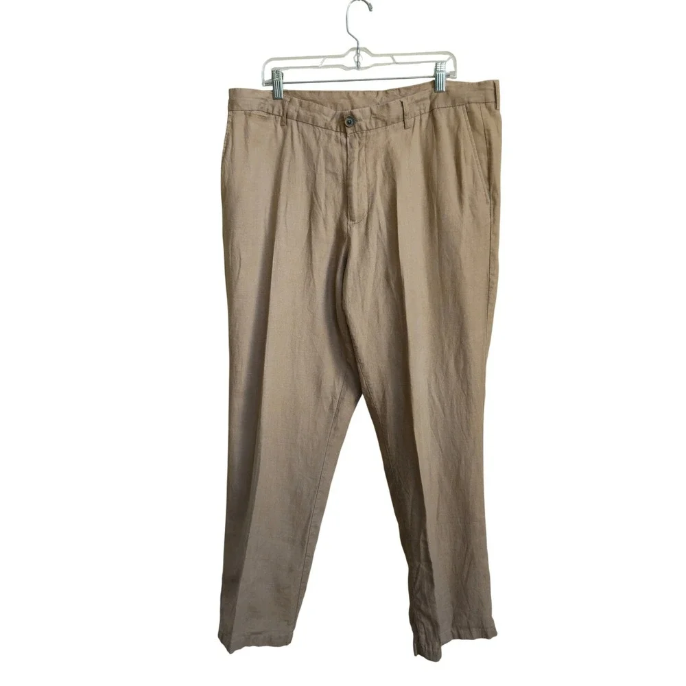 Tasso Elba ISLAND 38x32 Tan 100% Linen Straight Pants Beach Coastal Chic Lounge