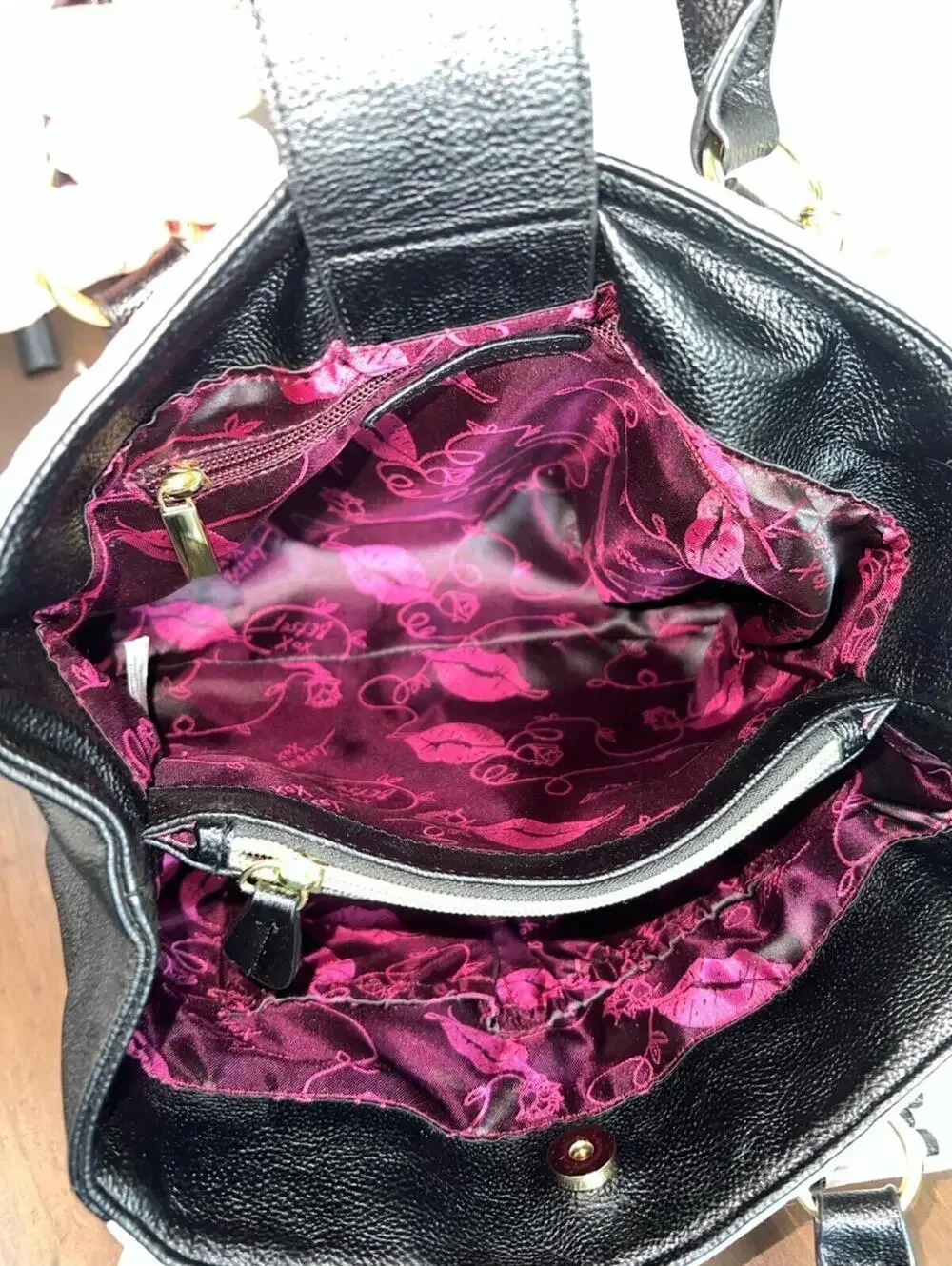 Betsey Johnson Pink and Black Quilted Satchel with Striped Bow nwot
