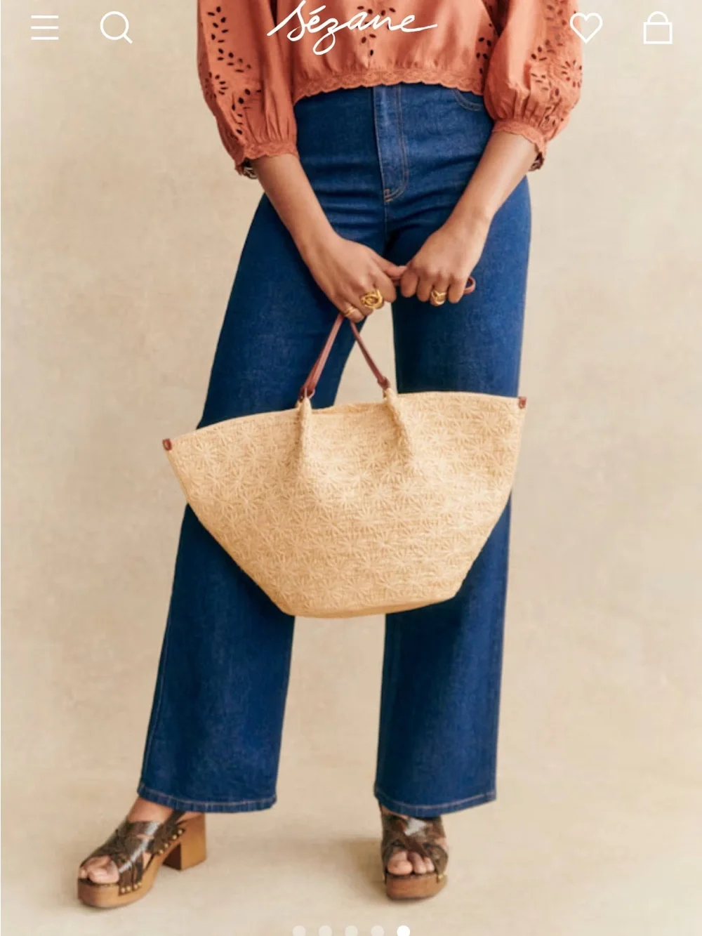 Sezane MARA BASKET in NATURAL RAFFIA EMBROIDERY tote Bag/Brown Leather Handles