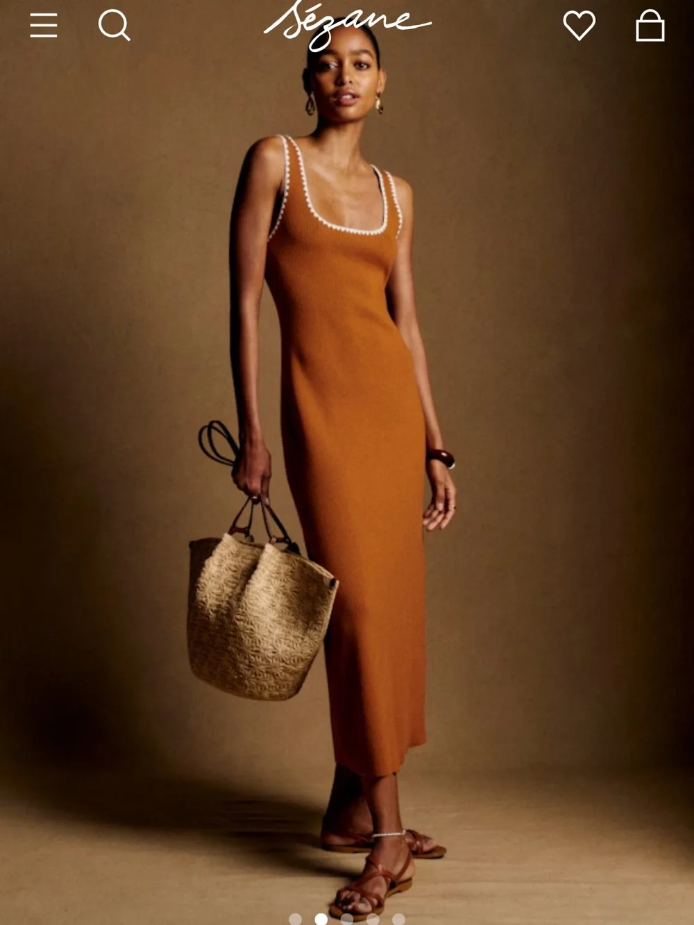 Sezane MARA BASKET in NATURAL RAFFIA EMBROIDERY tote Bag/Brown Leather Handles