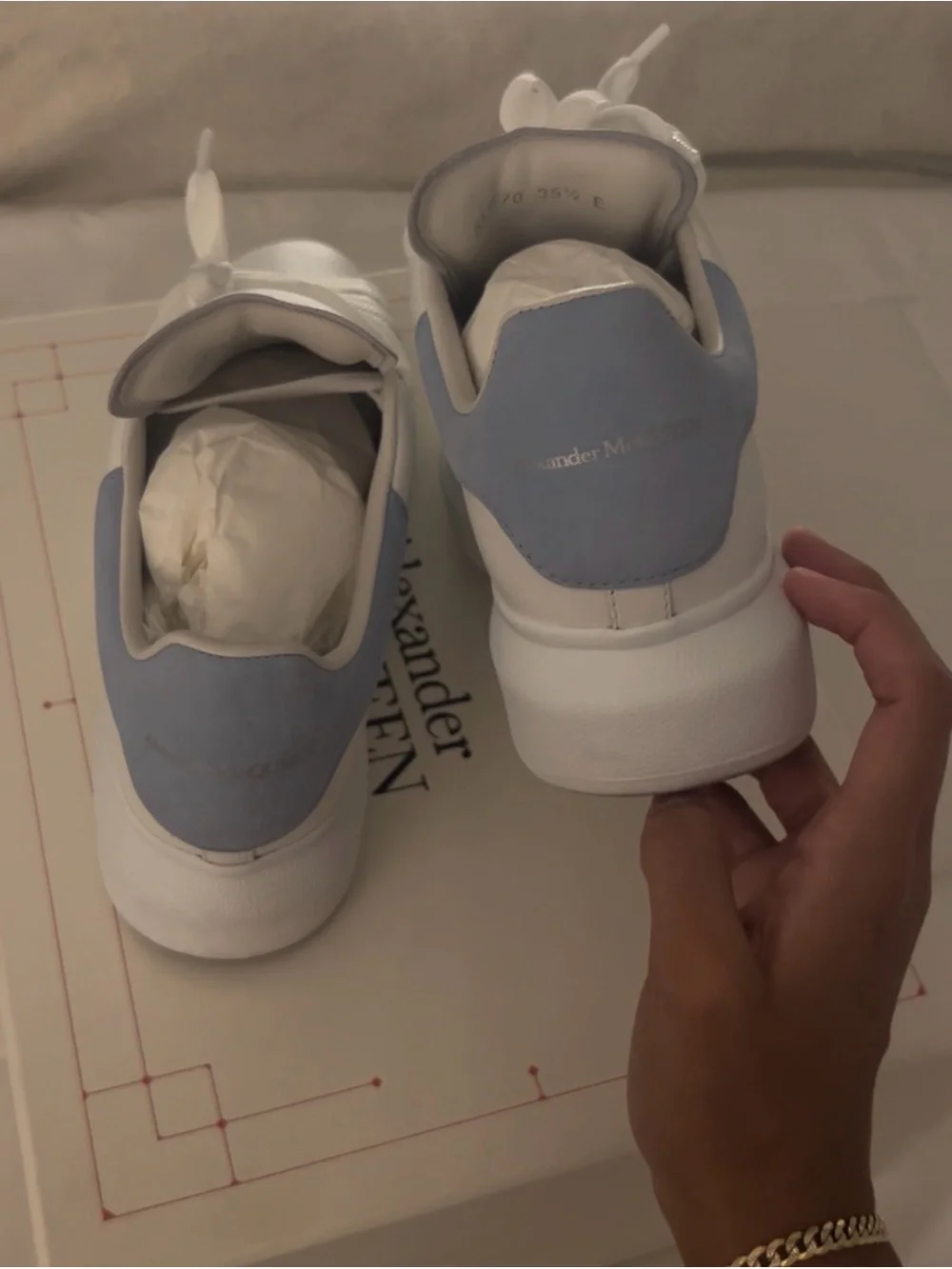 Alexander McQueen White Leather Sneakers with Light Blue Heel Tab