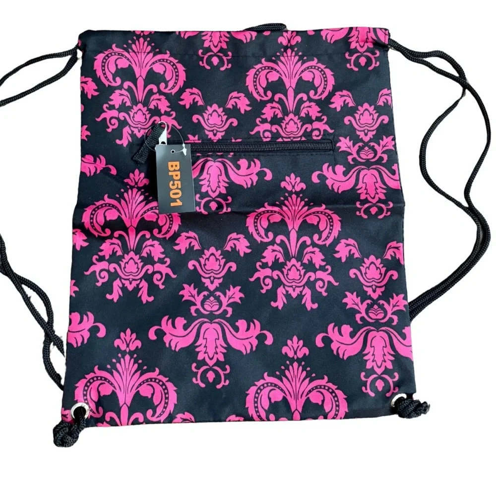 New Black‎ and Pink Damask Print Drawstring Backpack Monogram Ready Blank