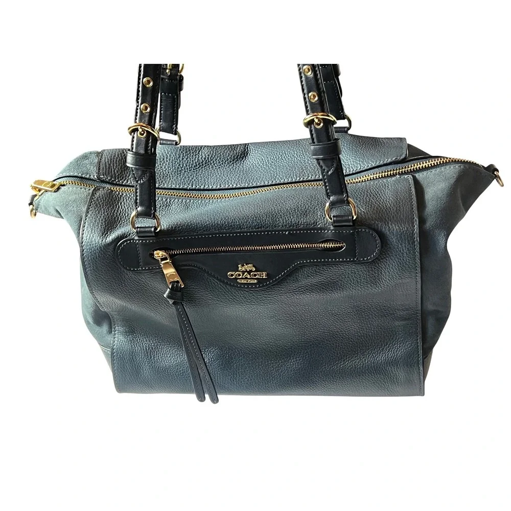 Coach Kleo Carryall Bag Teal‎ and Navy Blue Pebbled Leather Suede Handbag