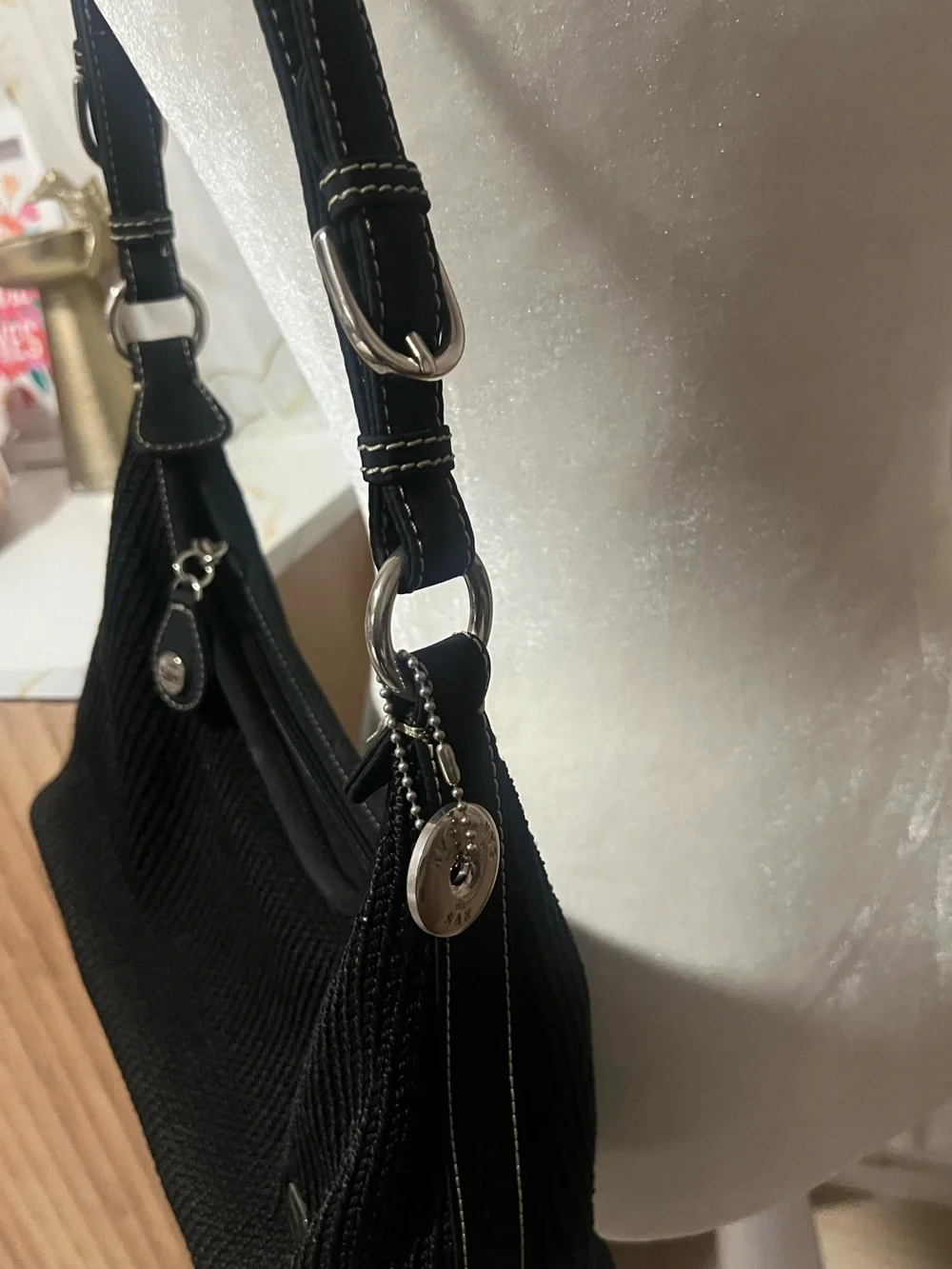 The Sak Black Crochet Knit Shoulder Hobo Bag Adjustable Strap Boho Classic