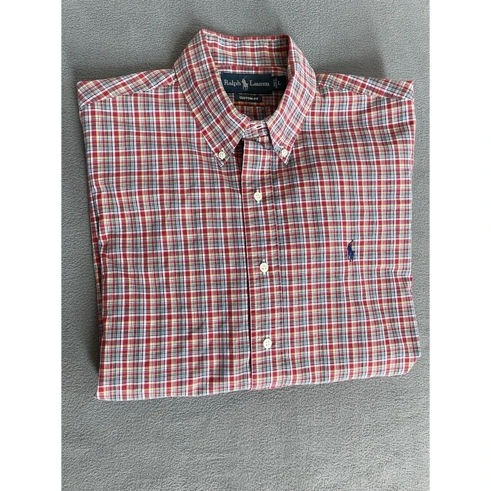 Polo‎ Ralph Lauren Custom Fit Red / Green Plaid Mens Button Down Sz Lrg