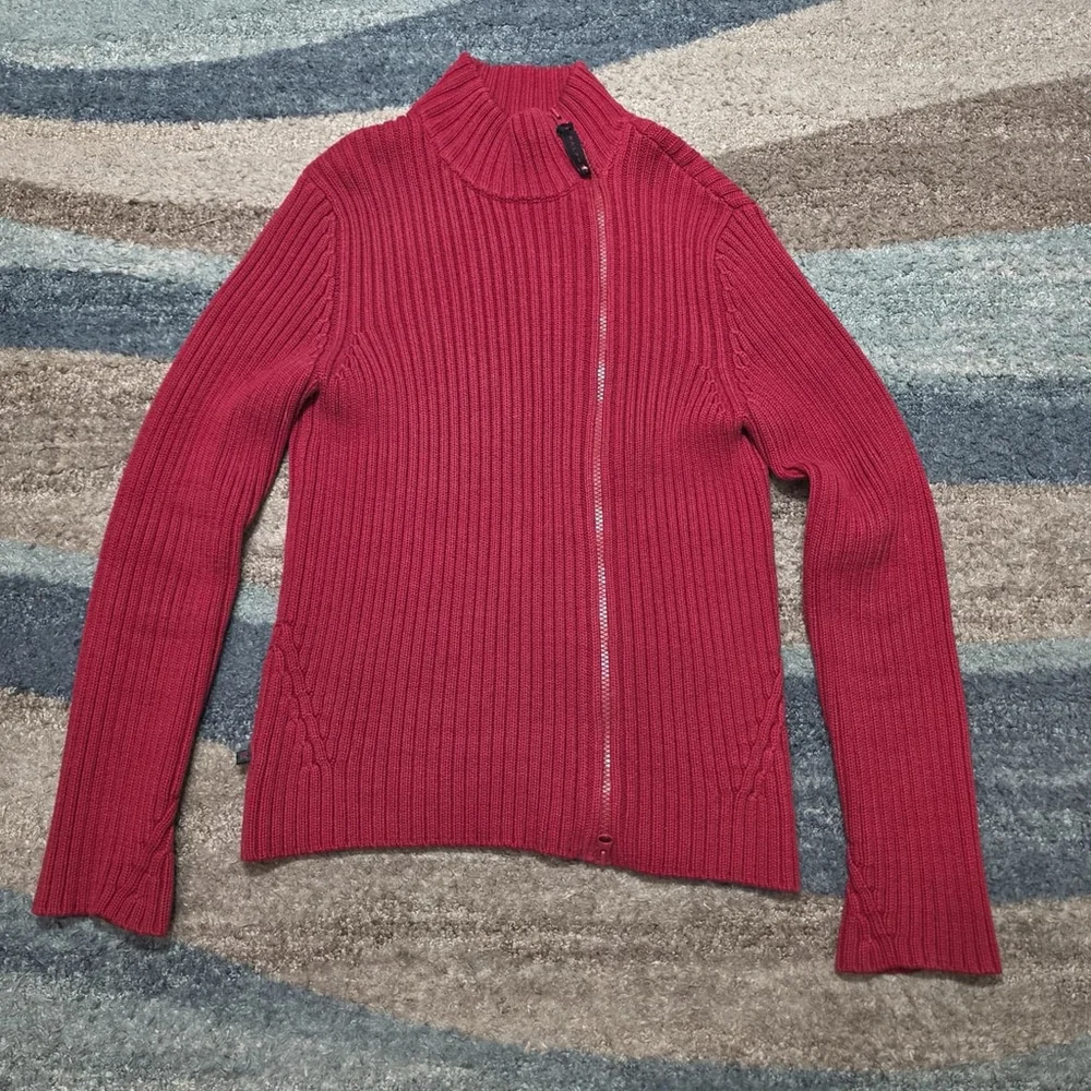 Ralph Lauren Women’s Red Ribbed Full Zip Mock Neck Knit Sweater Size M
