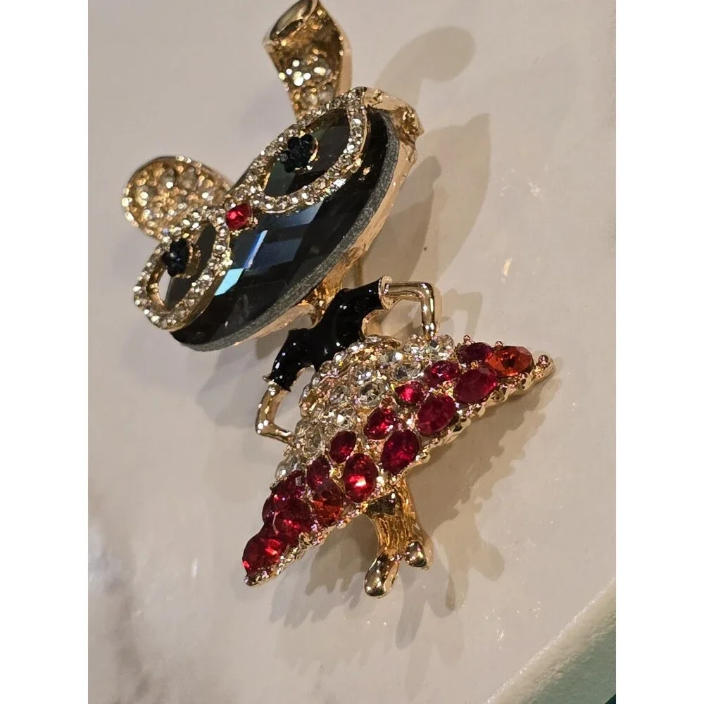 Rhinestone Bunny Rabbit Brooch Sunglasses Red Dress Gold Tone Cute Animal Pin
