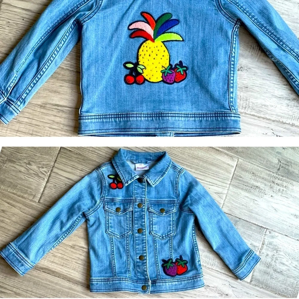 Hanna Anderson Kids Jean Jacket With Colorful Fruit Patches On Front/Back SZ 5