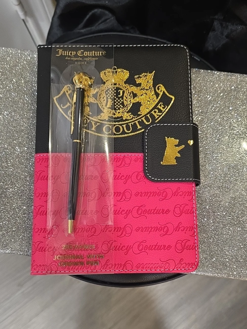 Juicy Couture Home Script Logo Scottie Dog Embossed Journal w/Crown Pen