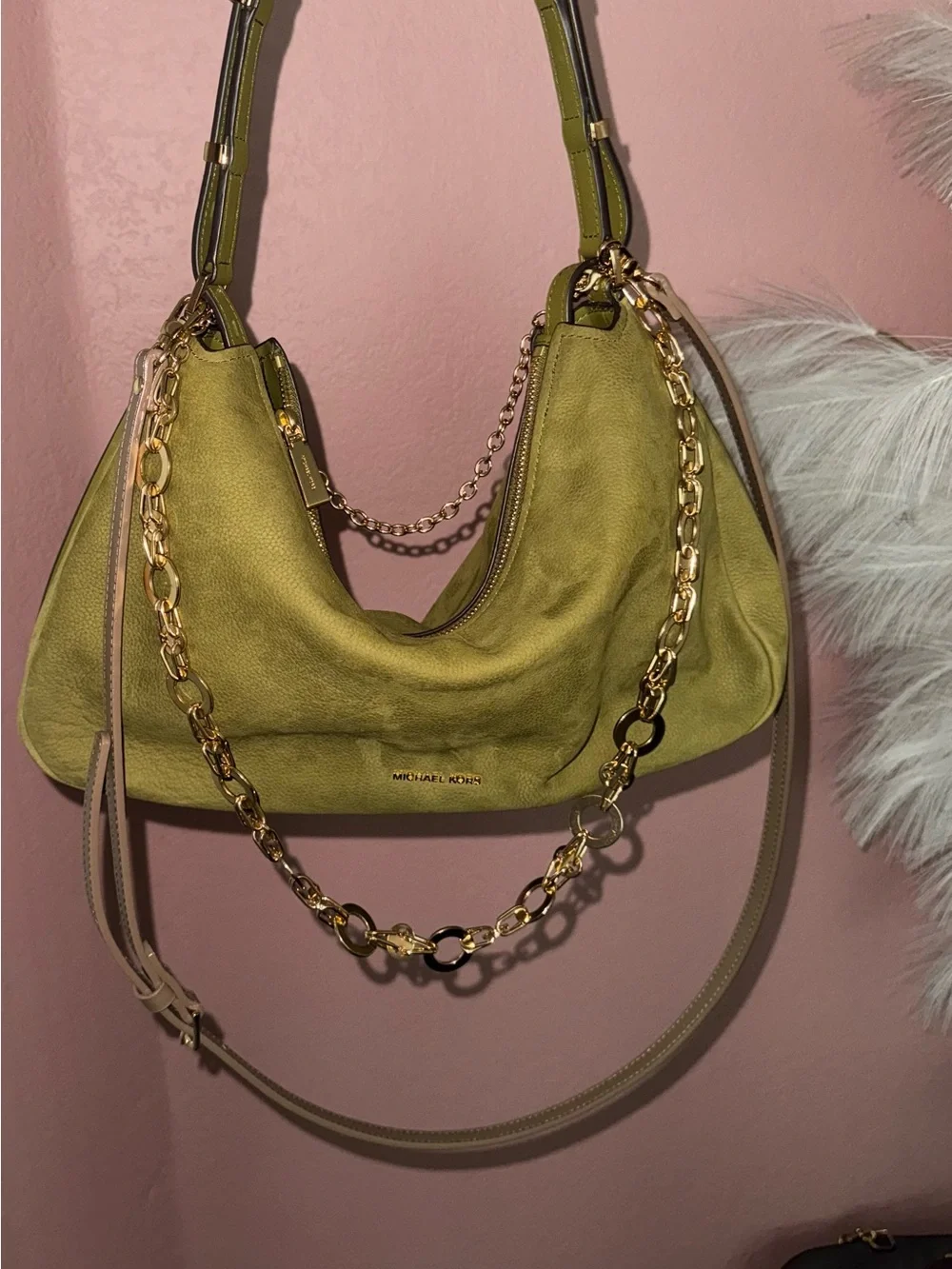 Michael Kors Olive Suede Shoulder Bag with Gold Chain Detail