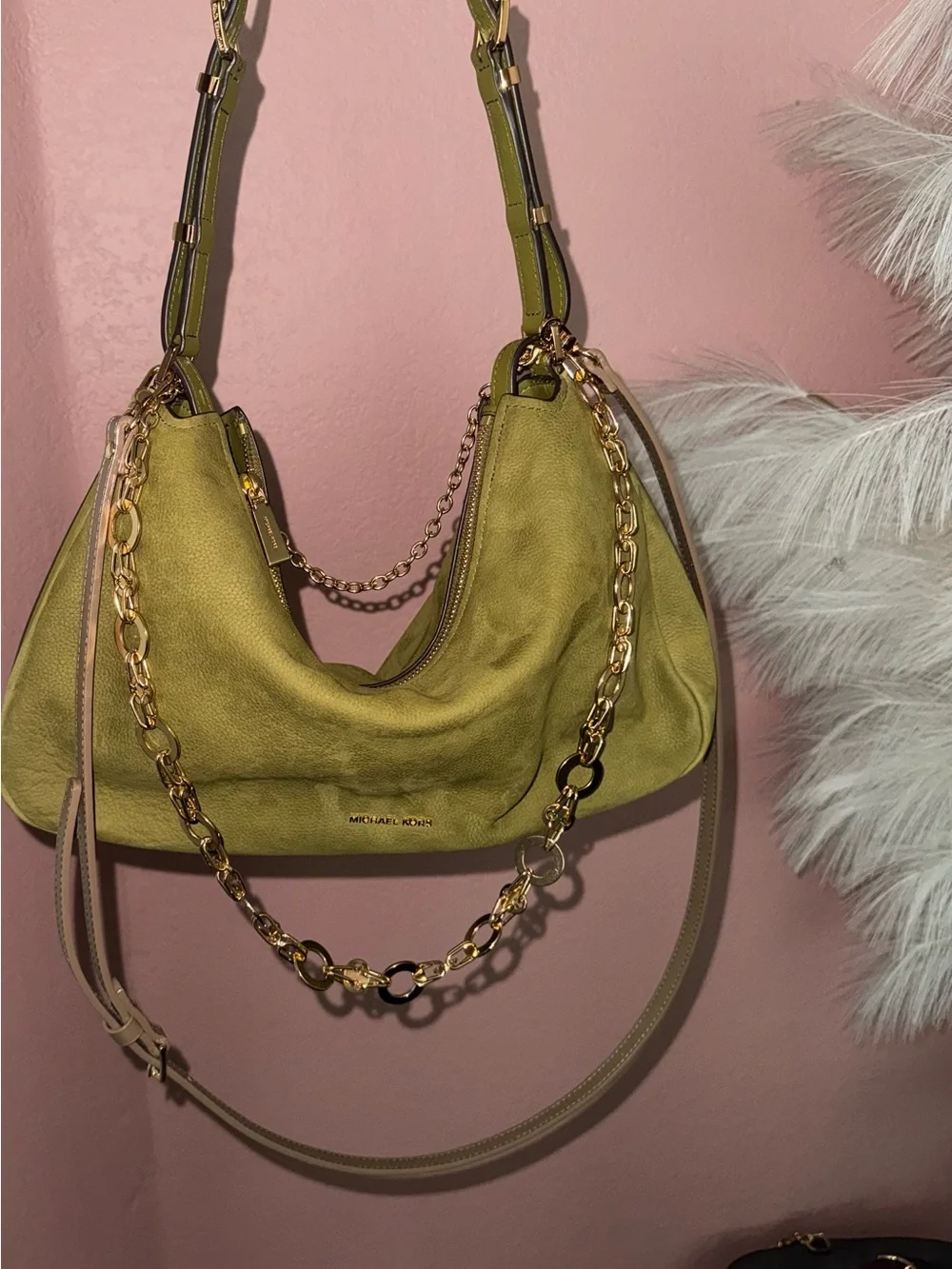 Michael Kors Olive Suede Shoulder Bag with Gold Chain Detail