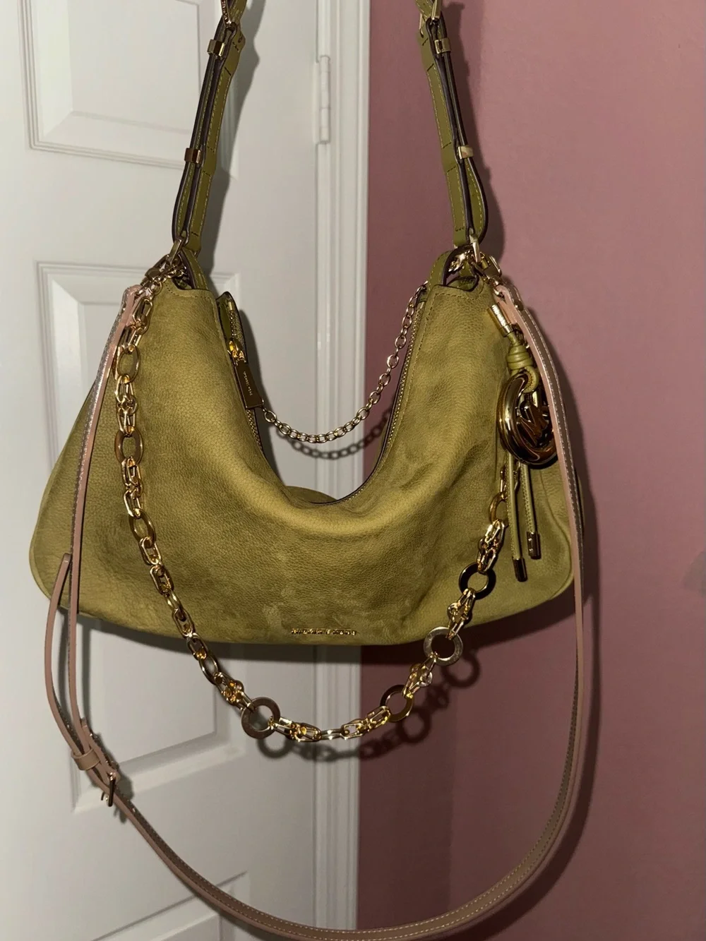 Michael Kors Olive Suede Shoulder Bag with Gold Chain Detail