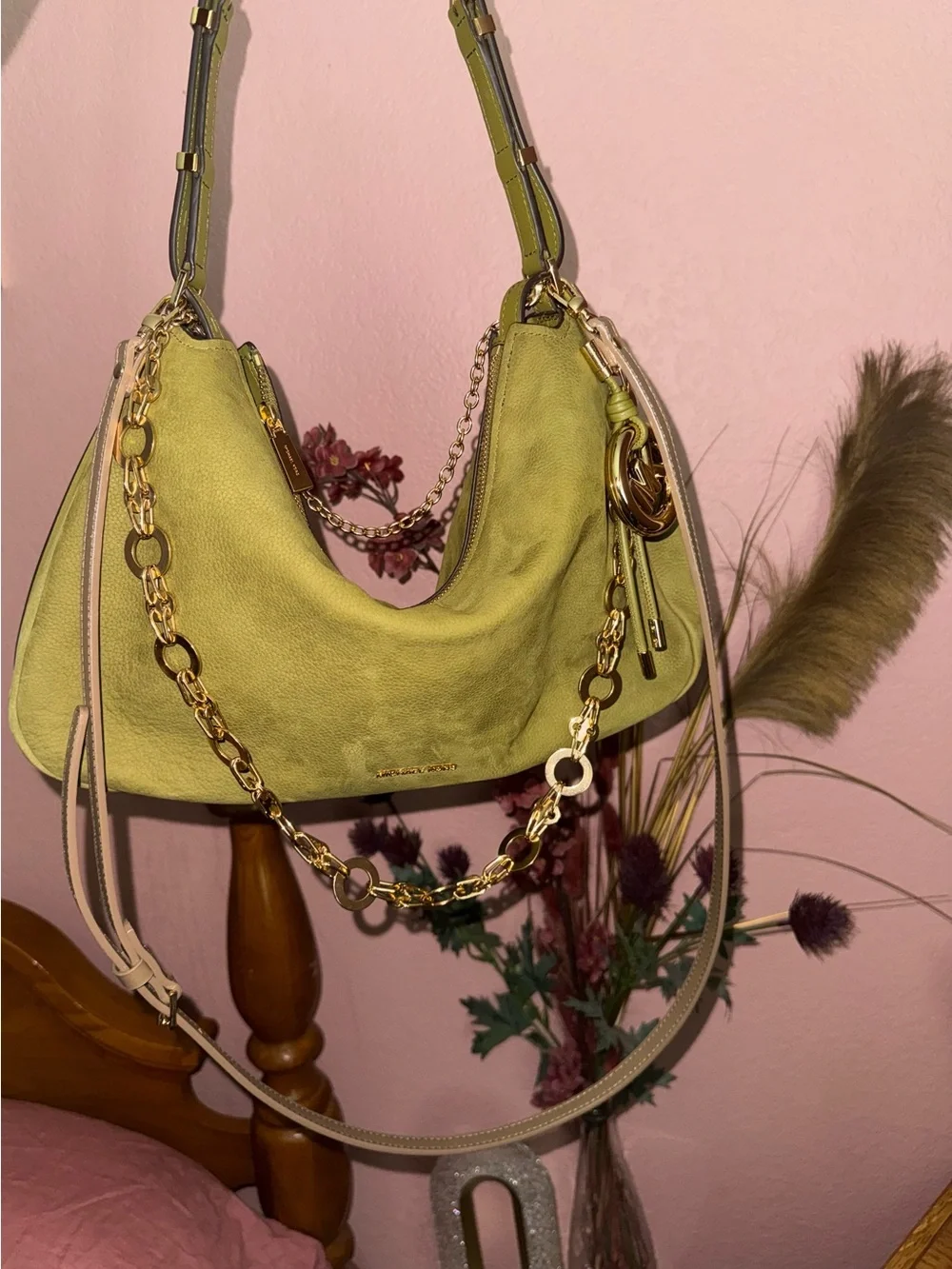 Michael Kors Olive Suede Shoulder Bag with Gold Chain Detail