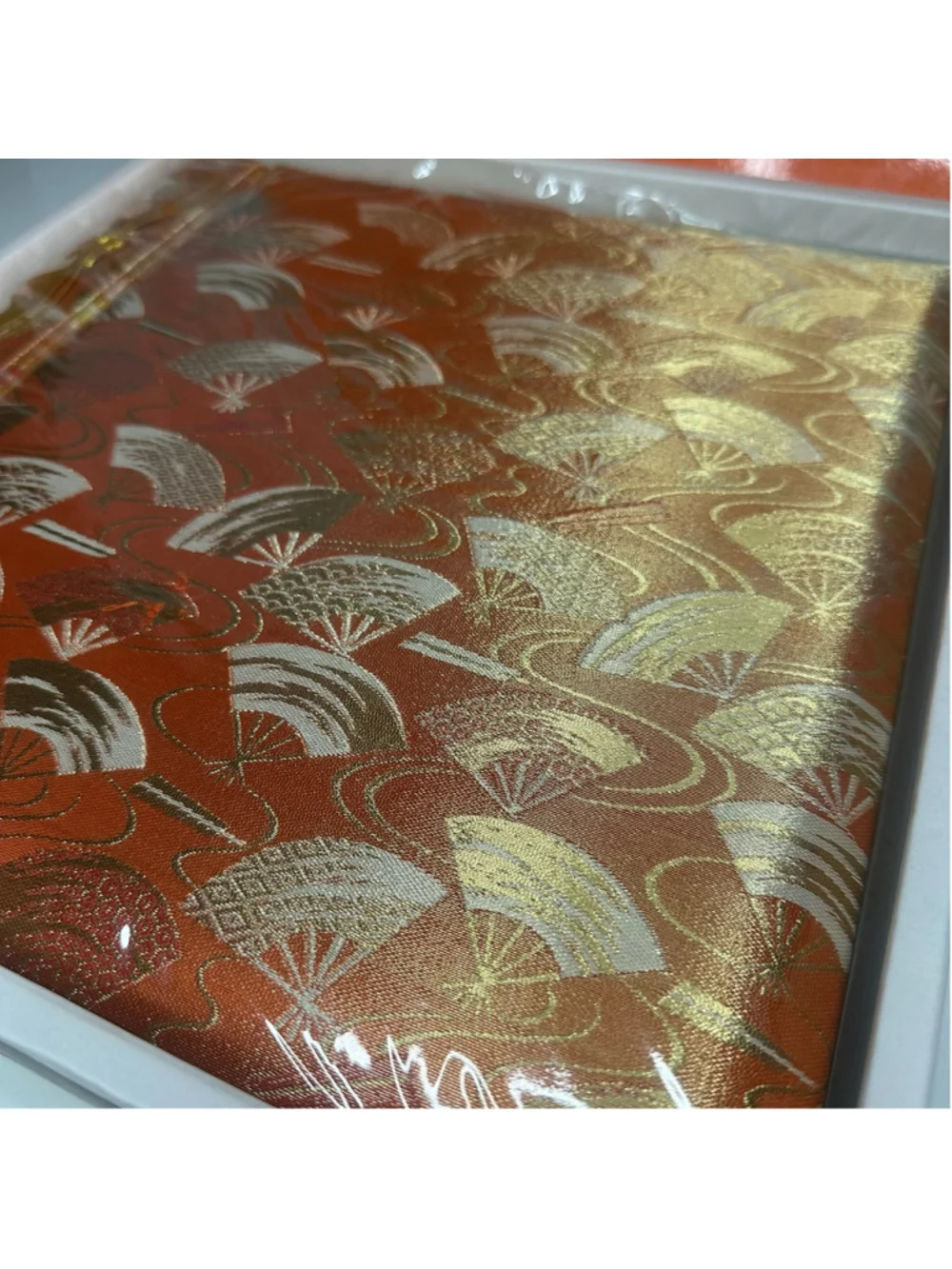 Vintage New NIB Sunny Photo Album Japan Gold & Orange Silk Brocade Fan & Tassel
