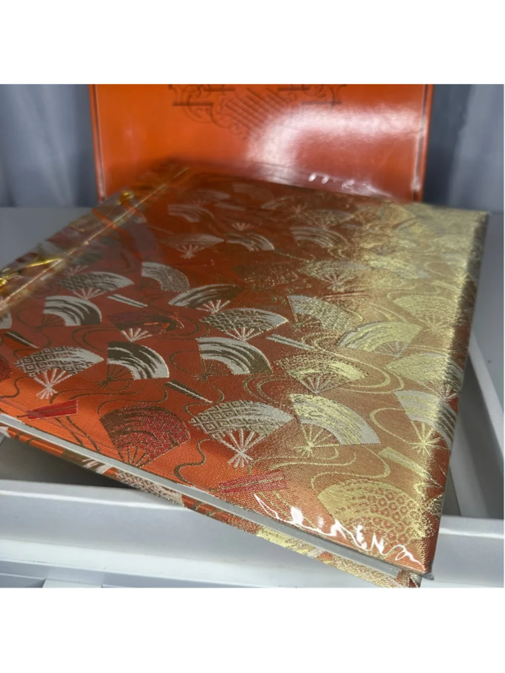 Vintage New NIB Sunny Photo Album Japan Gold & Orange Silk Brocade Fan & Tassel