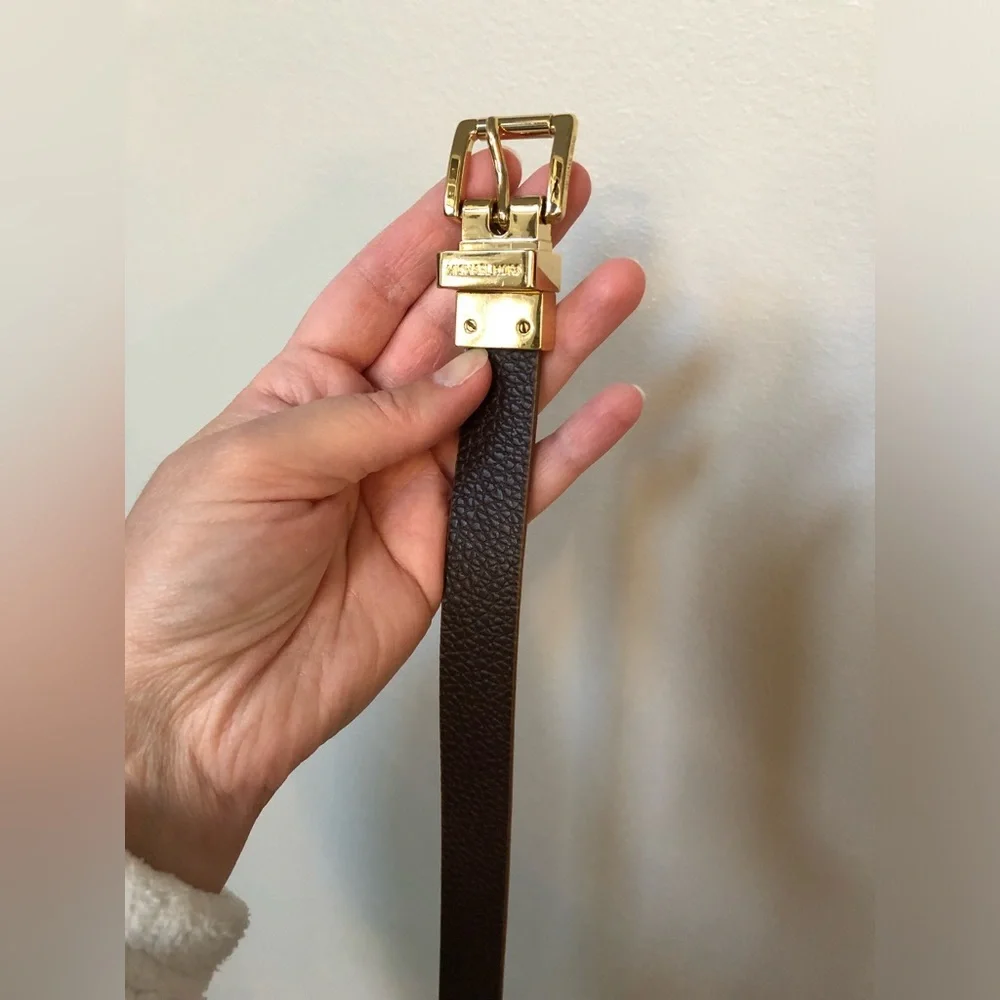 Michael Kors Women’s S Copper Logo/Brown Leather Reversible Gold Buckle 1” Belt