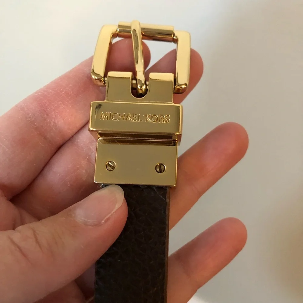 Michael Kors Women’s S Copper Logo/Brown Leather Reversible Gold Buckle 1” Belt