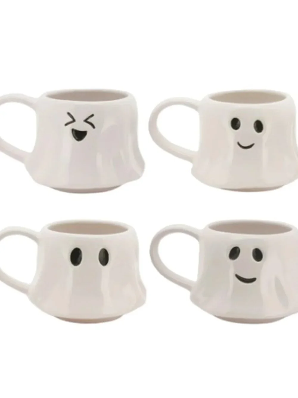 NEW Ceramic Ghost Mugs Mug Set of 4 Stacking Stackable White Stoneware Can hold