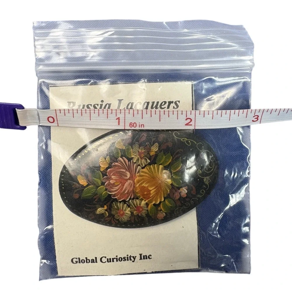 Russian Lacquer Brooch Hand Painted Floral Oval Palekh Style Box Card Gift NWT