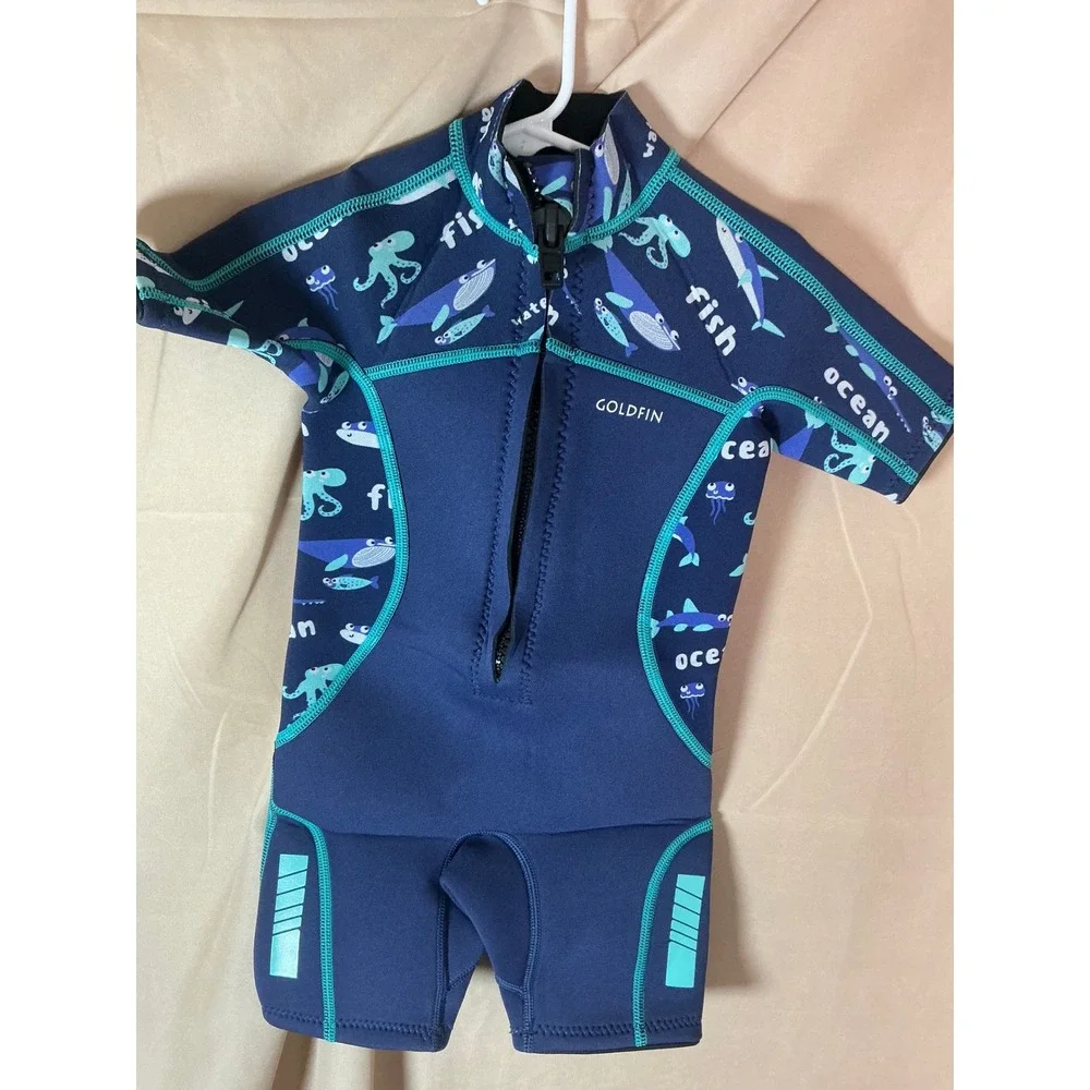 Goldfin Wetsuit Kids Size 2 Blue Excellent Shorty Neoprene Front Zip Shark Print