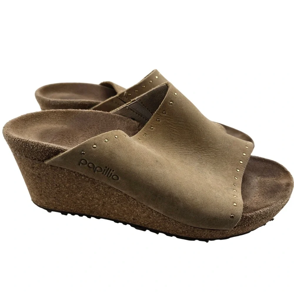 Papillio by Birkenstock Namica‎ Suede Wedge Sandals Taupe Rivet EU 37 US 6 6.5
