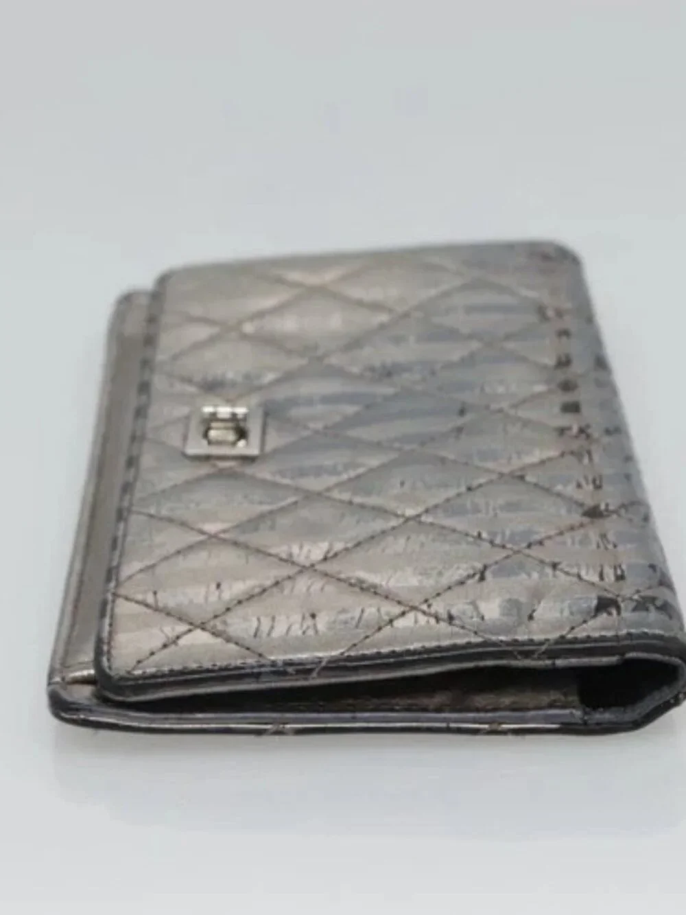 CHANEL 2.55 Matelasse Long Wallet Leather Silver CC Auth bs25537
