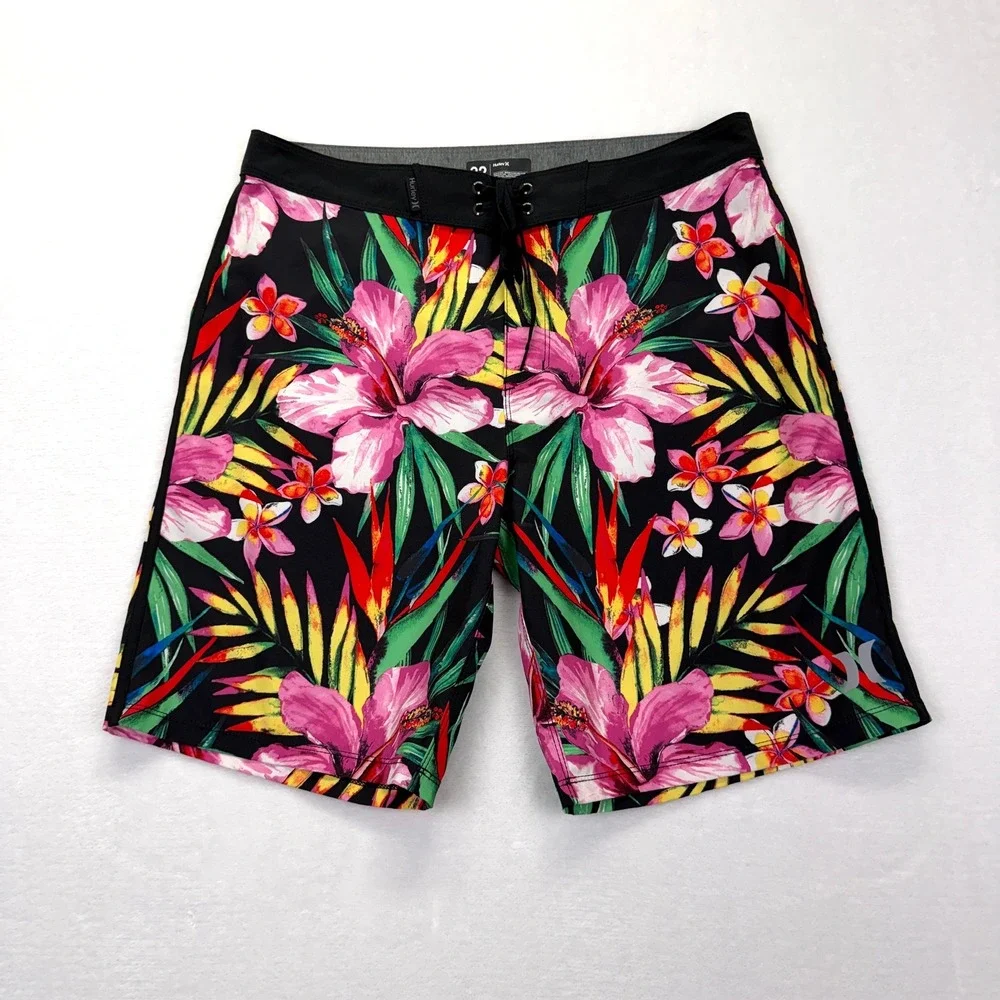 Hurley Phantom Board Shorts Mens 34 Black Pink Tropical Floral Hibiscus Stretch‎