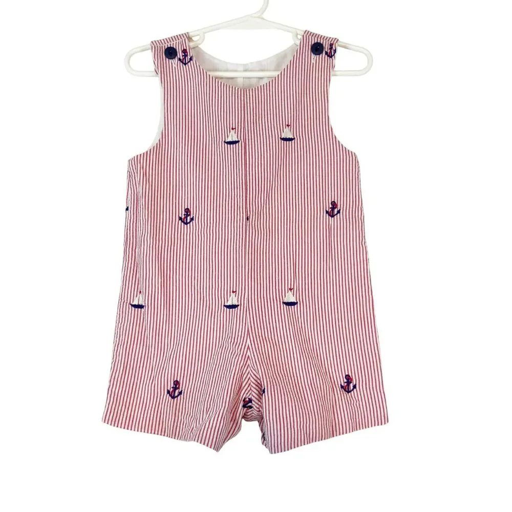 Glorimont Seersucker Romper Baby Boy Sz 12M Red Sailboat Anchor Nautical Coastal