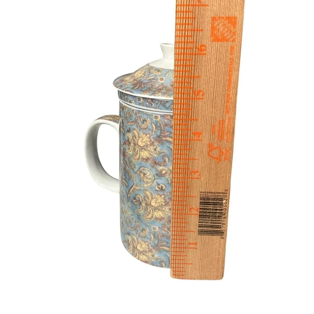 World Market‎ Blue Floral Ceramic Tea Mug Infuser Lid Dishwasher Safe