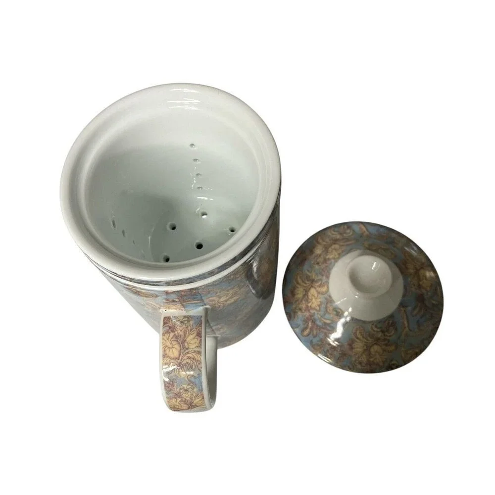 World Market‎ Blue Floral Ceramic Tea Mug Infuser Lid Dishwasher Safe