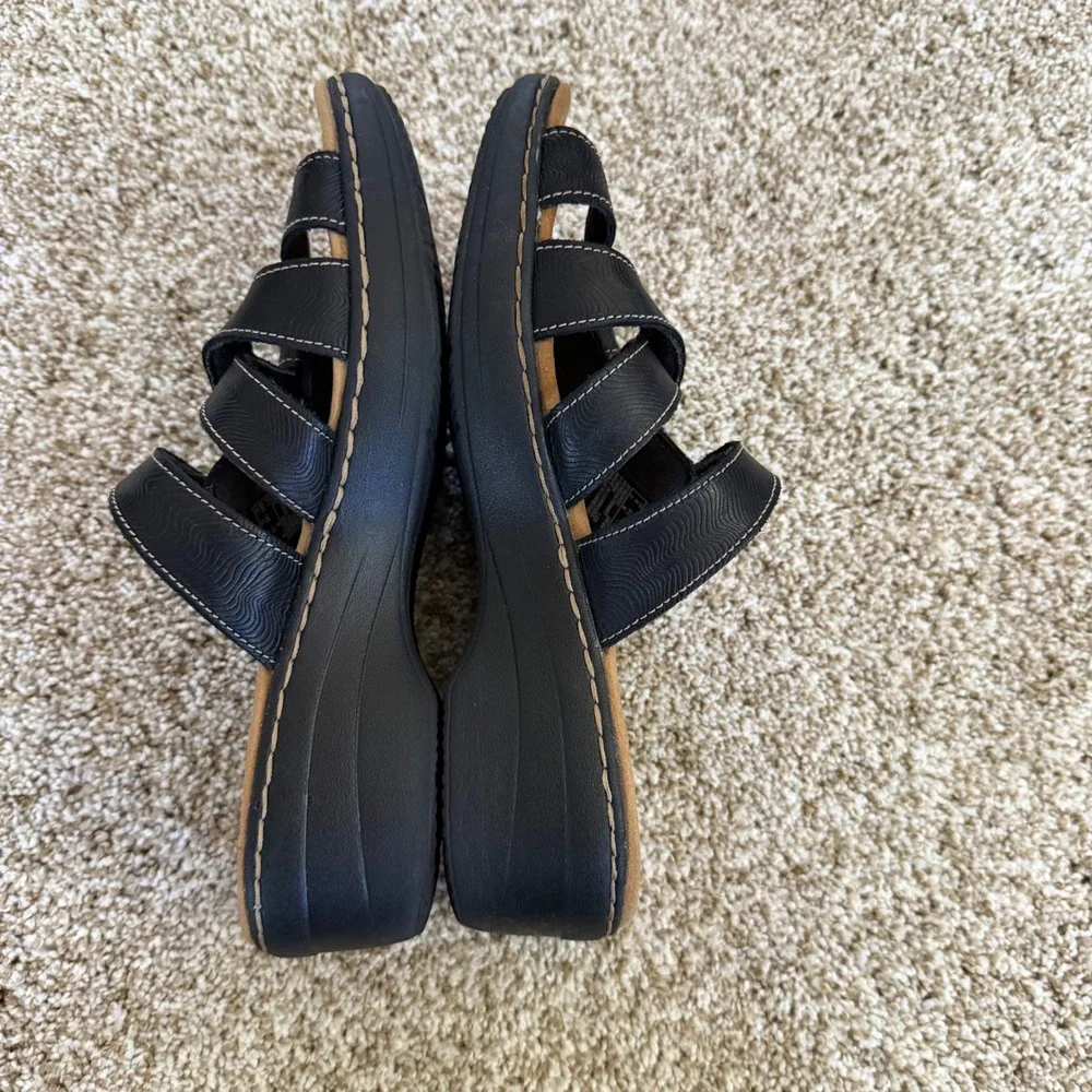 Clarks Collection Womens Black Wedge Slide Sandals Adjustable Straps‎ Size 8.5