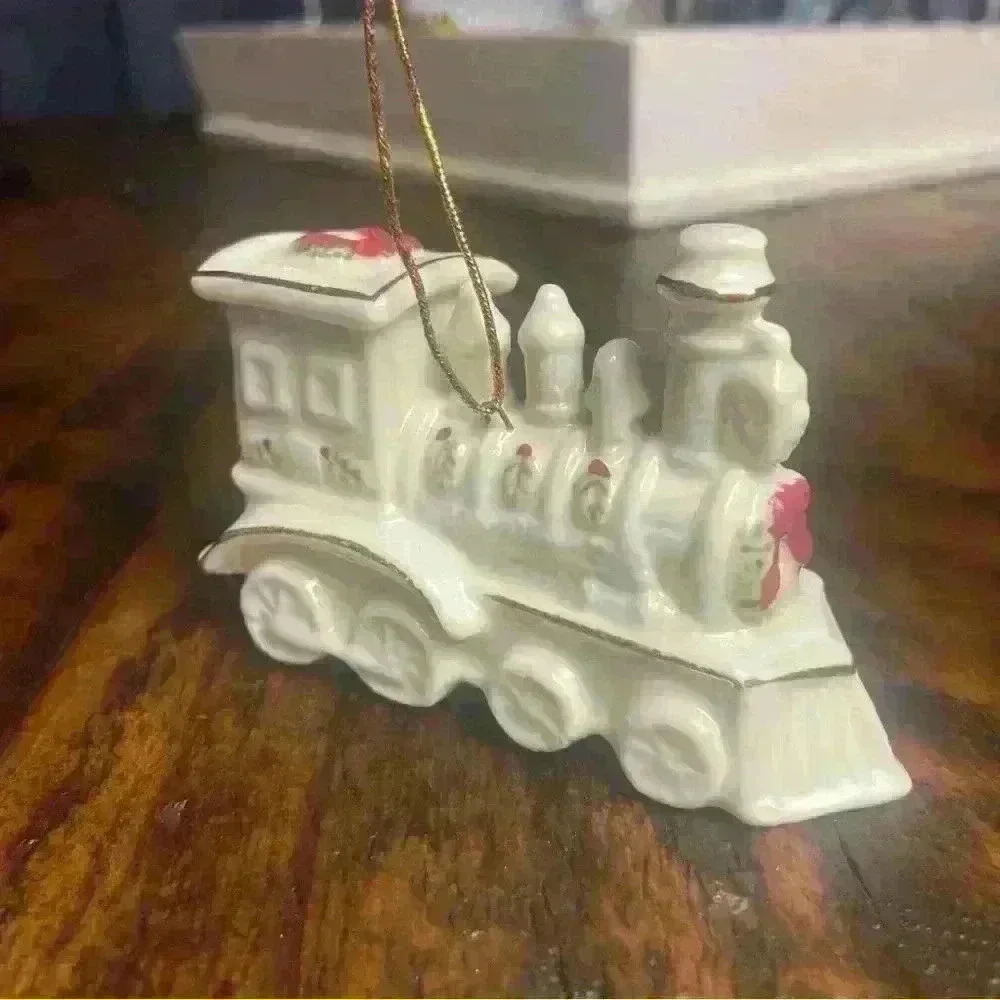 Porcelain Train Ornament, beautiful‎ detailed painted train, with gold trim.