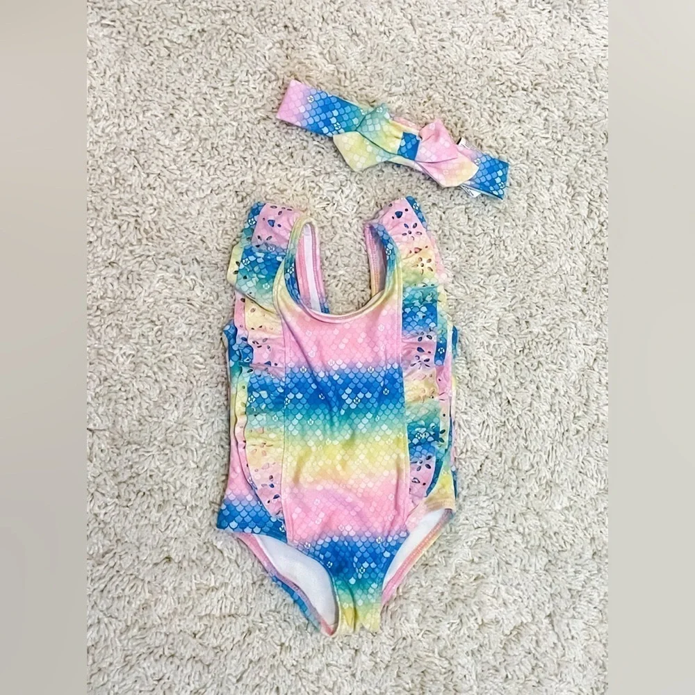 Hurley | Baby Girl Multicolored Mermaid Print Swimsuit & Matching Bow‎