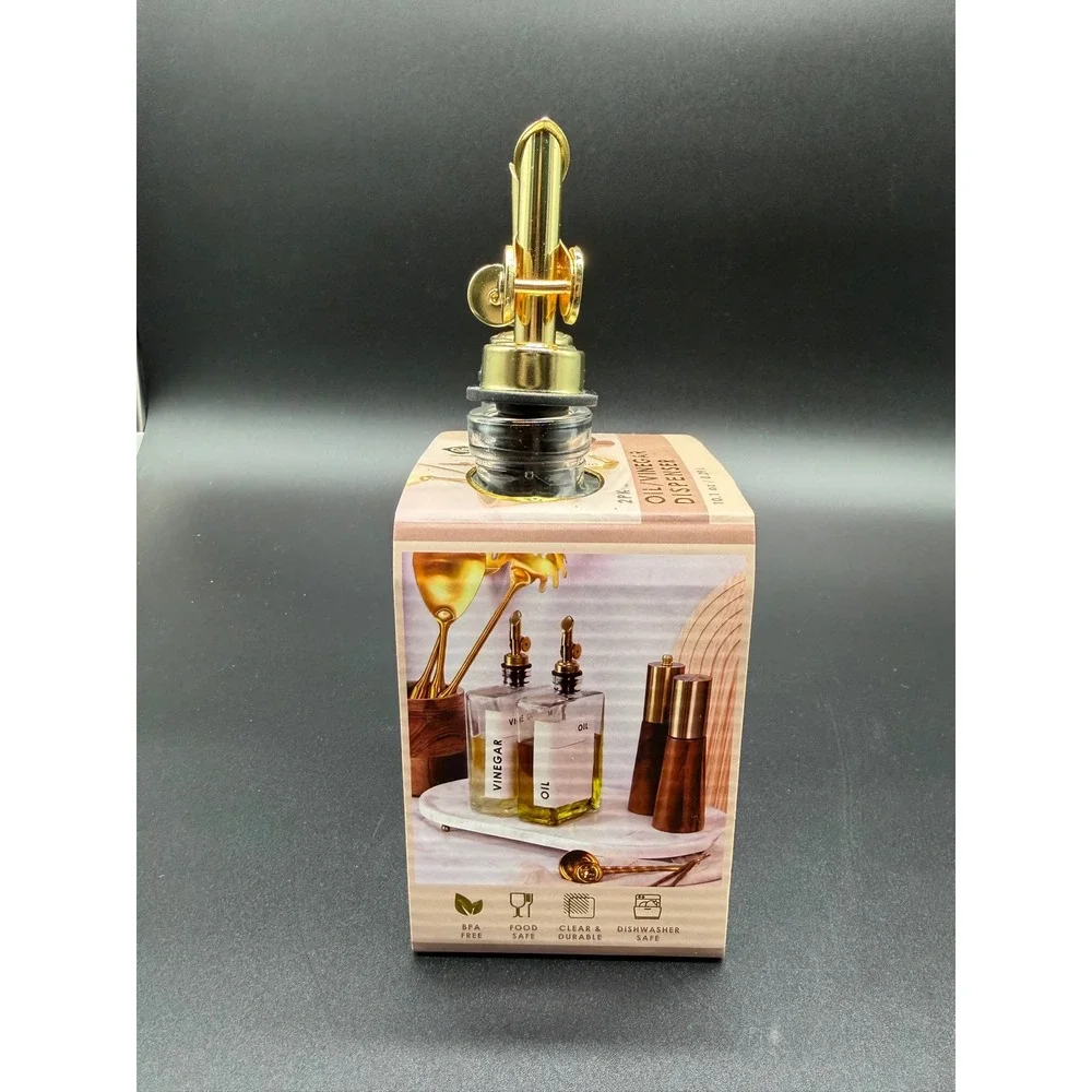 2 Pack Glass Oil and Vinegar Dispenser‎ Set Gold Weighted Pourers 10.1oz Clear