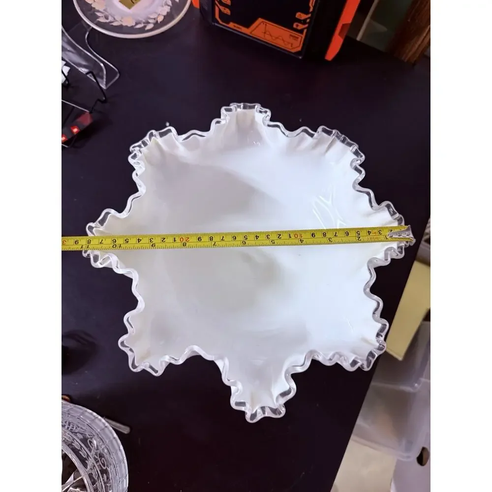 Fenton Silver Crest Milk Glass Pedestal Compote Bowl Ruffled Edge Vintage