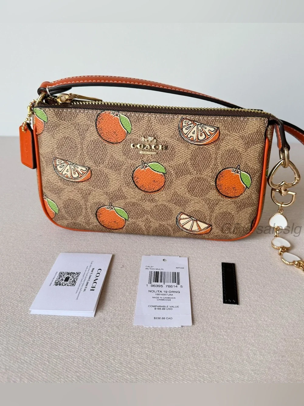 NWT Coach Nolita 19 Orange Print Wristlet Small Bag Gold/Tan CAL27 + Extender