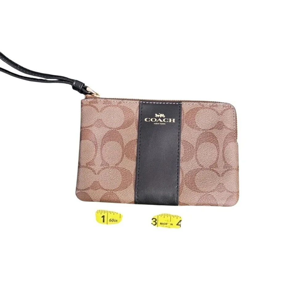 Coach Signature Canvas Black Stripe Wristlet Pouch‎ Cosmetic Case