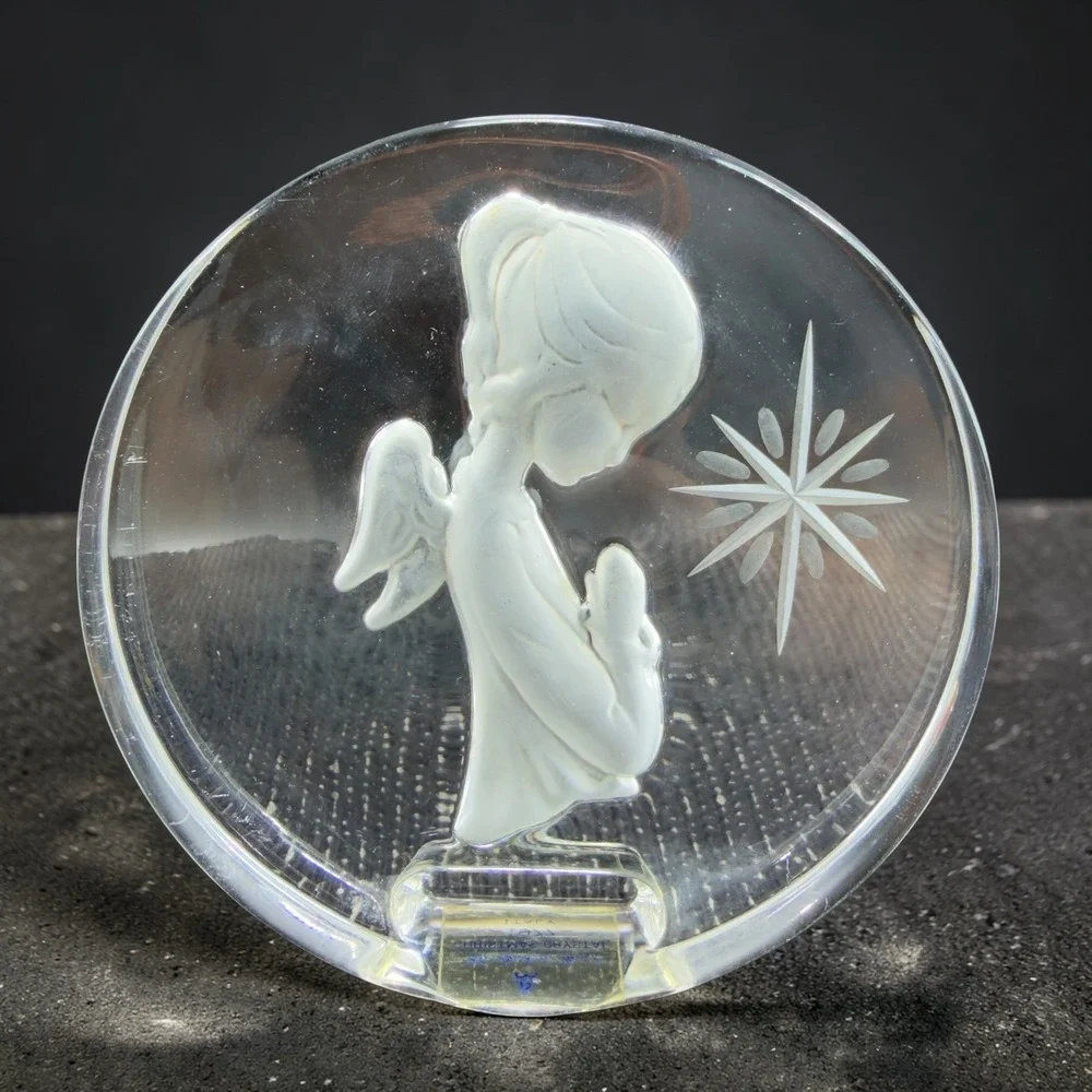 Danbury Mint 1977 Christmas Crystal Praying Angel‎ Star Plaque Italy Clear VTG