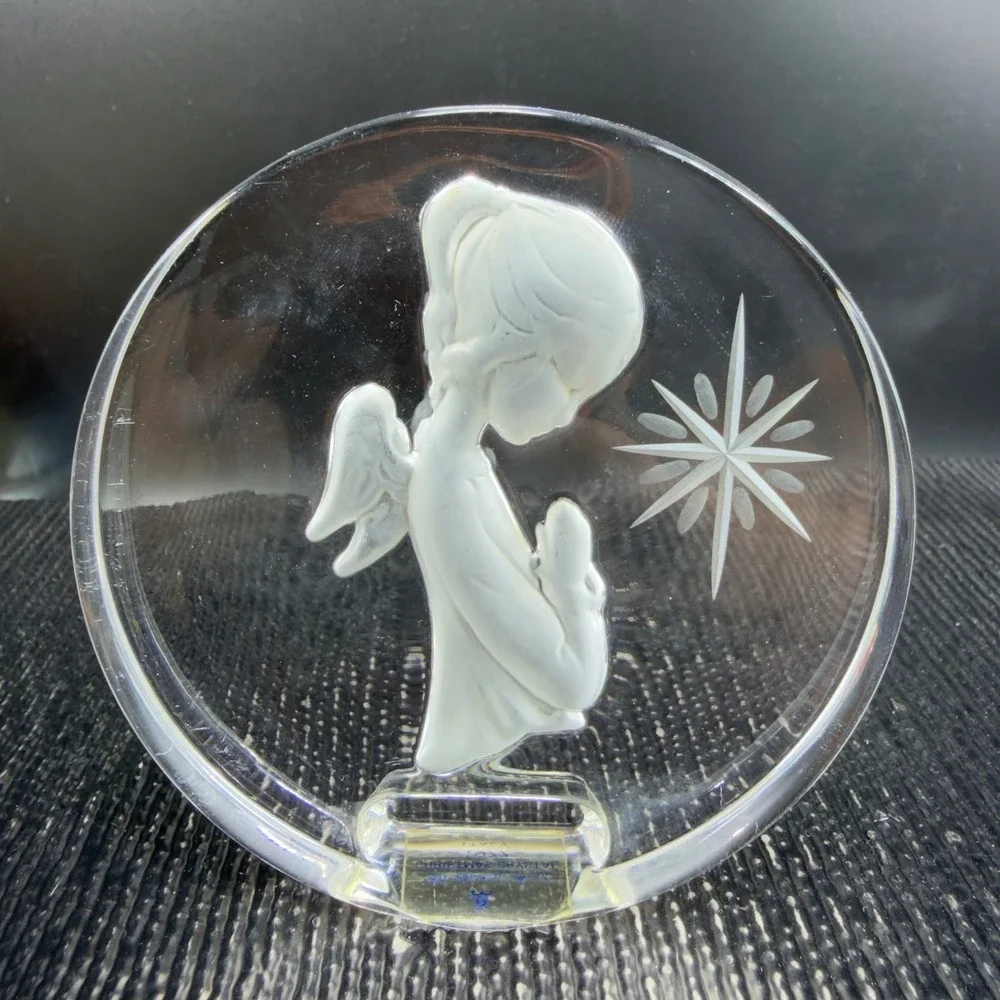 Danbury Mint 1977 Christmas Crystal Praying Angel‎ Star Plaque Italy Clear VTG