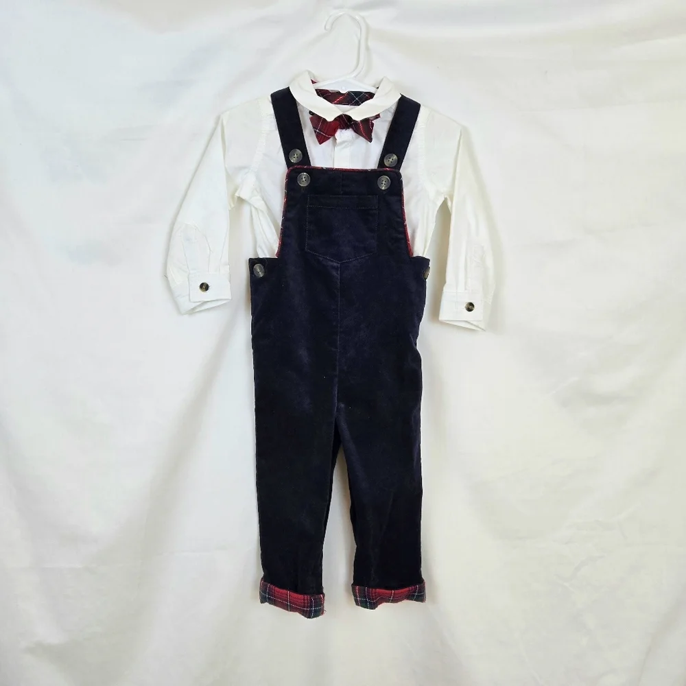 Max Studio Boys Navy‎ Overalls White Shirt Red Plaid Bowtie Holiday Set 12Mo NEW