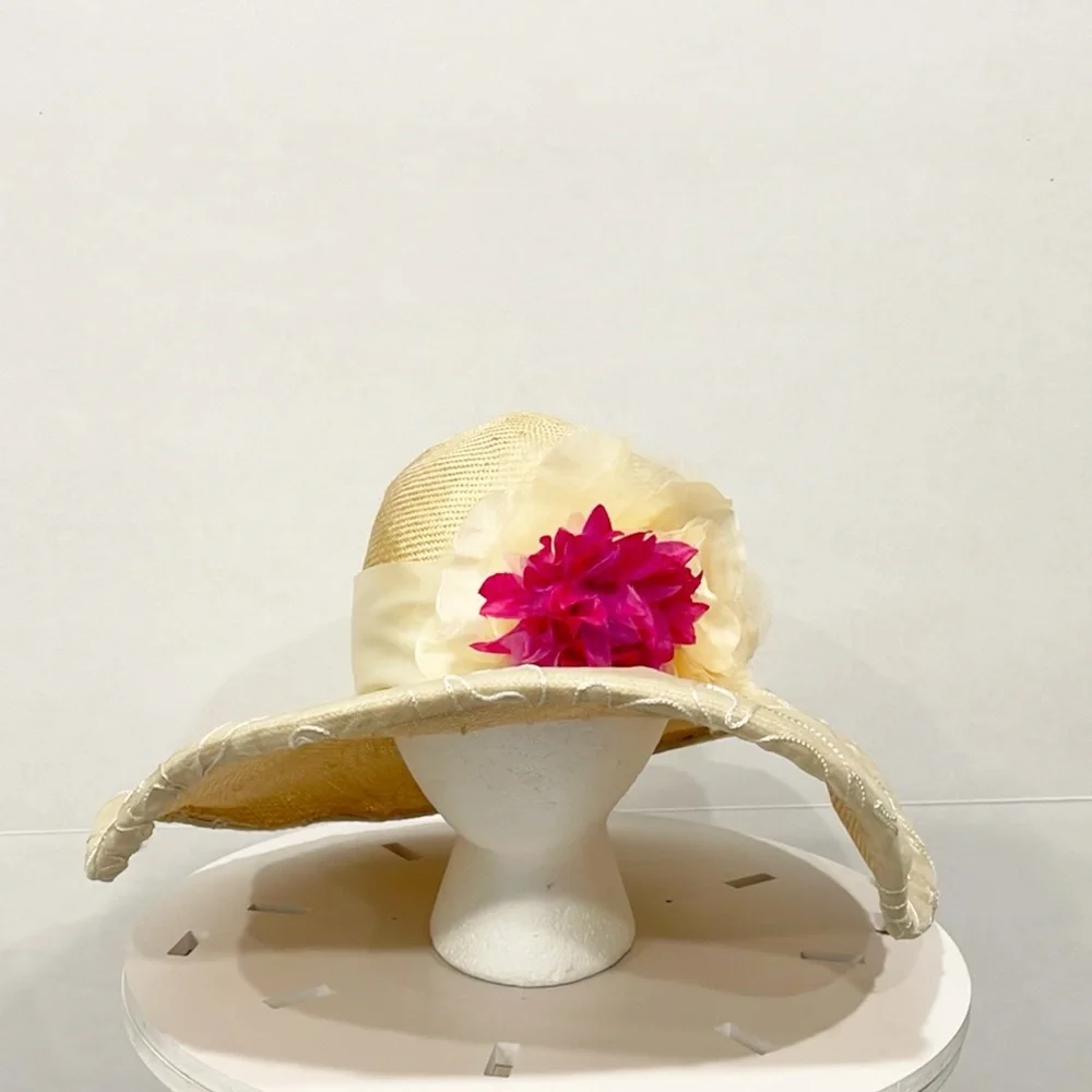 ANN VUILLE‎  Womens Straw Cream Formal Hat Floral Derby Horse Race Church Summer