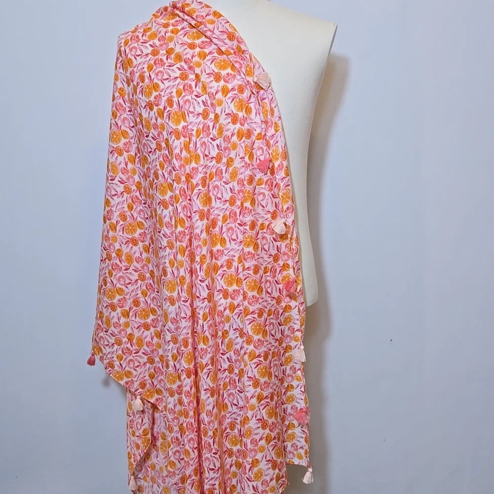 J. Crew Citrus Fruit Print Tassel Wrap Scarf Oranges Grapefruit Summer‎ Spring