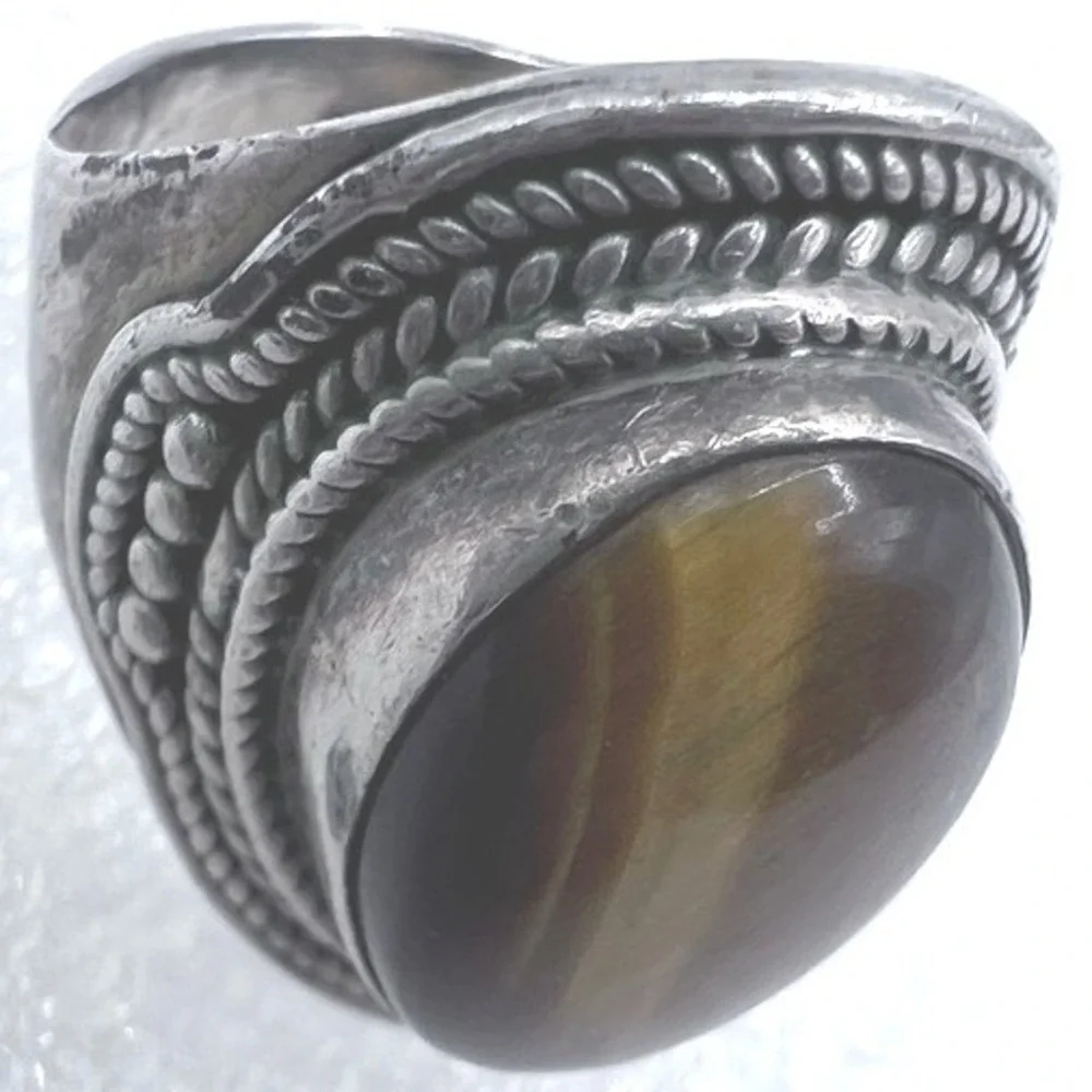 Vtg Sterling Silver 925 Tigers Eye Gemstone Ring Size 7‎ Unisex Artisan Made 10g