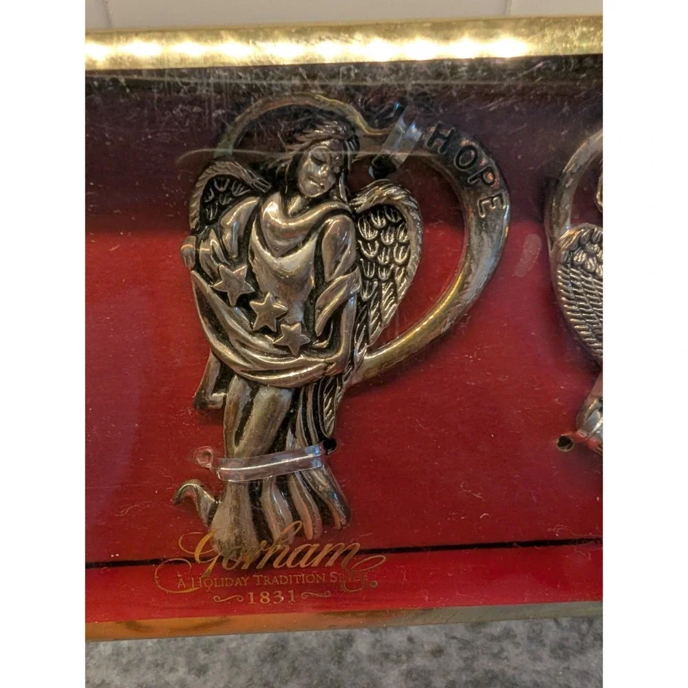 Brand‎ New Set Of 3 Gorham Silverplated Angel Ornaments, Peace Hope Love