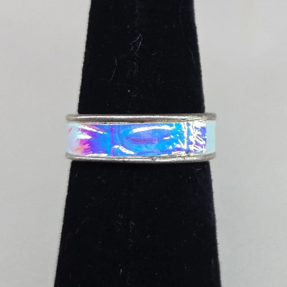 Iridescent‎ Holographic Fabric Inlay Band Ring Silver Tone Size 7 Oil Slick