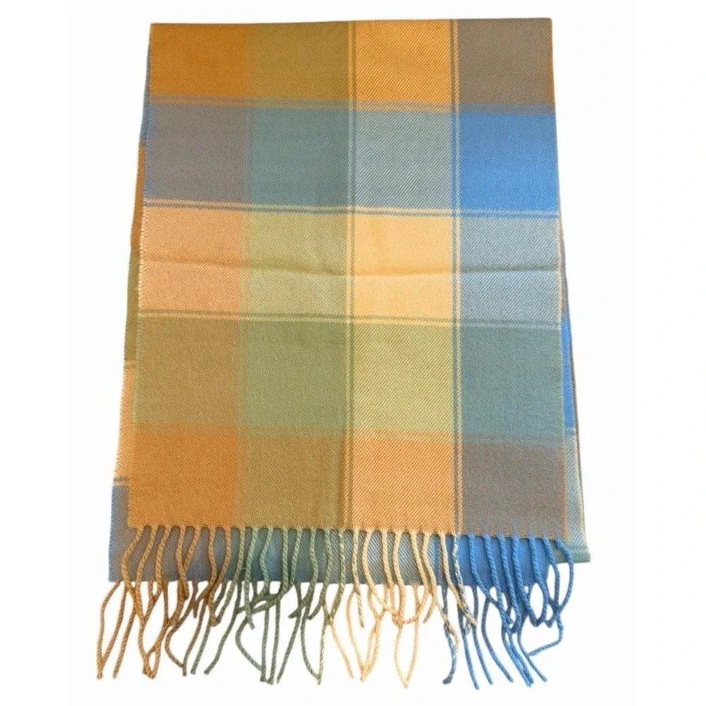Vintage English Cashmere Scarf Plaid Pastel Blue Yellow Preppy Quiet Luxury