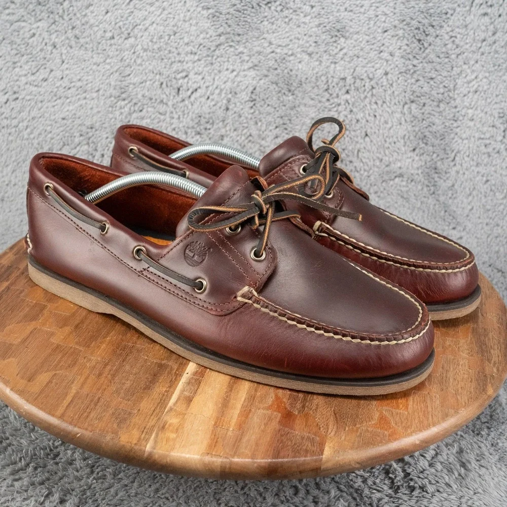 Timberland Men's 2-Eye Handsewn Boat Burgundy Leather Loafers Size 13