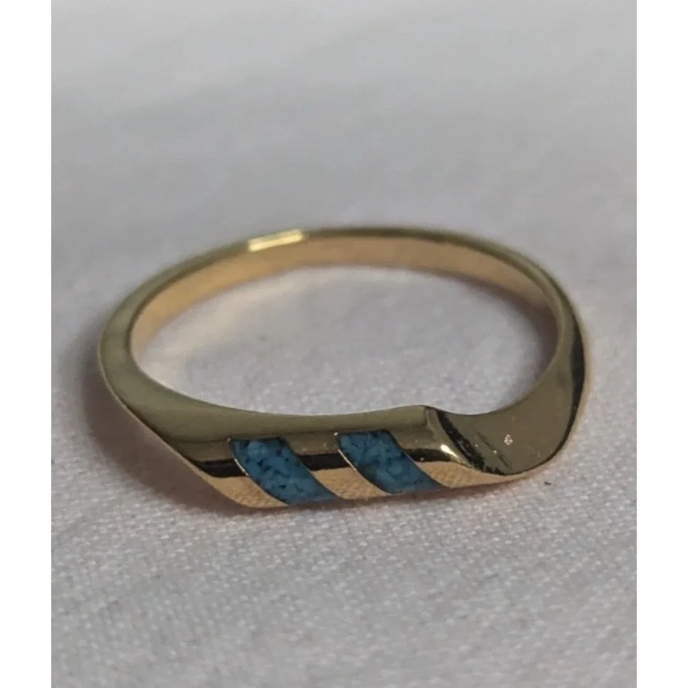 double turquoise inlay band Womens gold ring‎ size 6 unisex mens